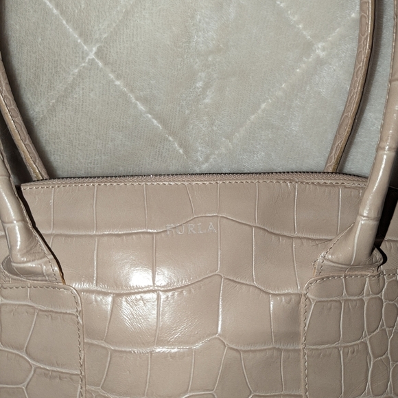 Furla Croc Embossed Beige Leather Satchel - Picture 13 of 15